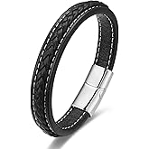 BIYONGDE Mens Womens Black Braided Leather Bangle Bracelet, White Stitches, Two-row, Classic