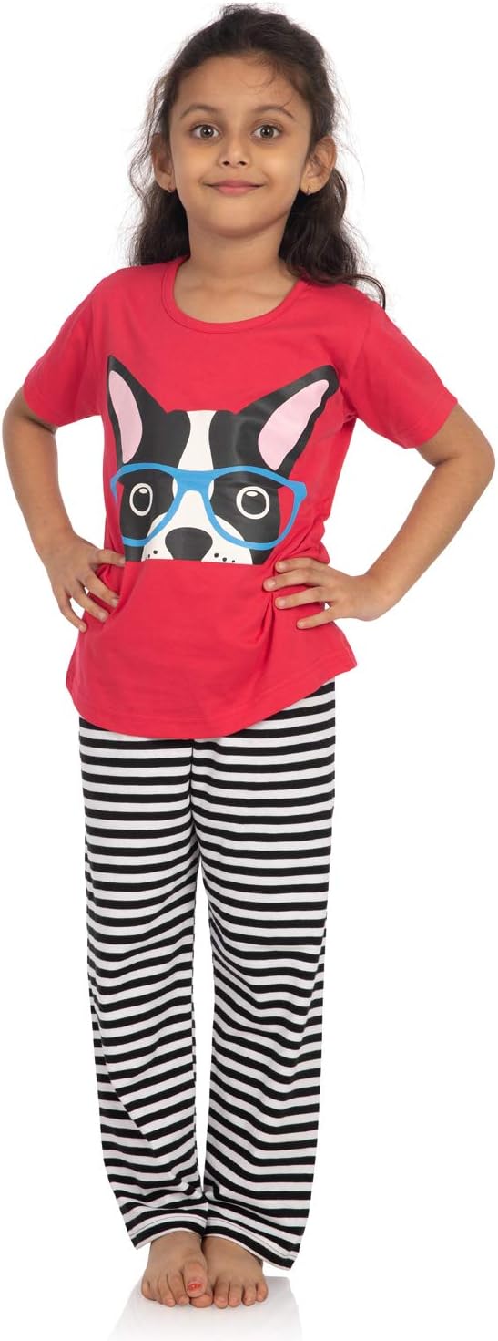 Nite Flite Girls' French Bulldog Half Sleeve Cotton Pyjama Set