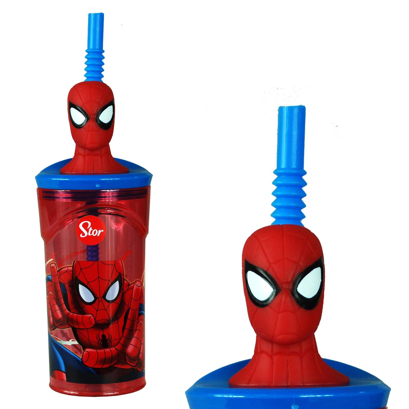 Spiderman 3D Figurine Plastic Tumbler Beaker with Flexi Straw - 360ml - 7cm Diameter x 14cm Height - Sturdy Novelty Enclosed Drinking Cup.