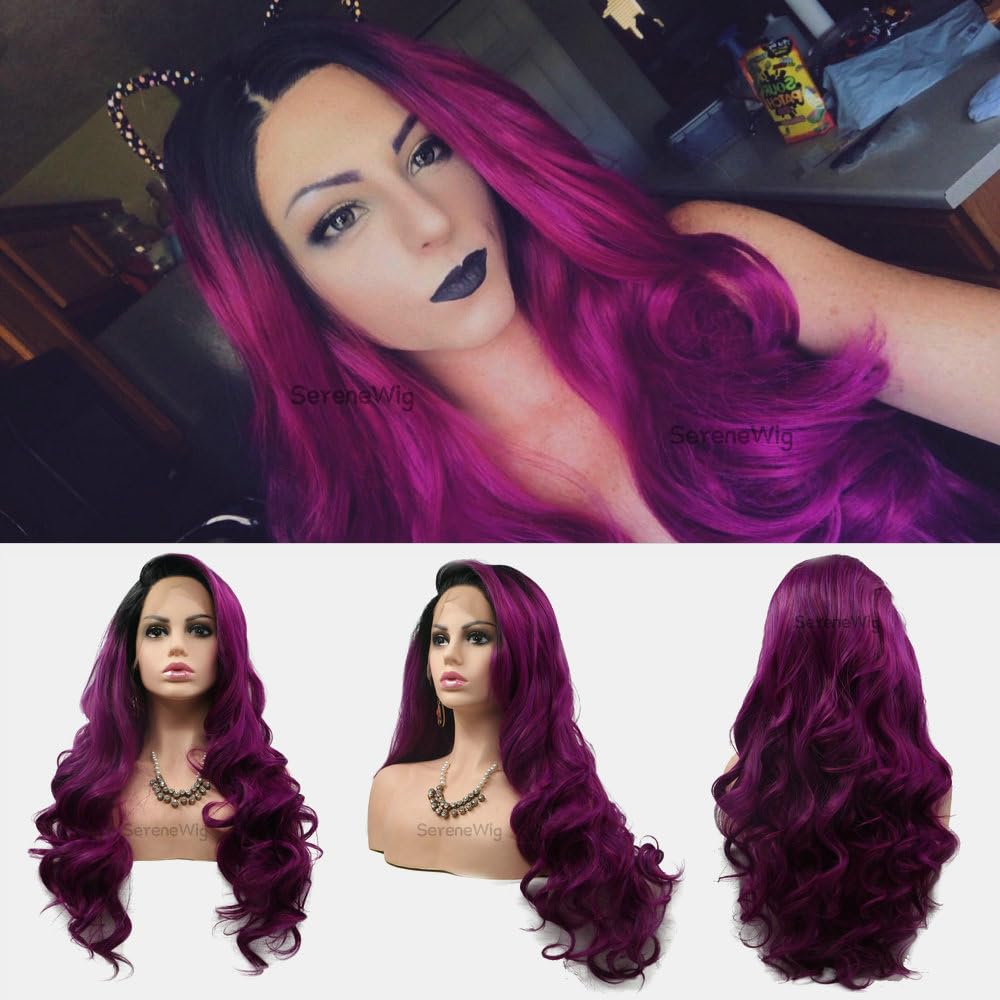 SereneWig 1B Black Ombre Purple Wig Long Wave Heat Resistant Synthetic Lace Front Wigs for Women Daily Party Cosplay Use Dark Roots to Violet/Lavender Purple Wigs Drag Queen 24" Side Part