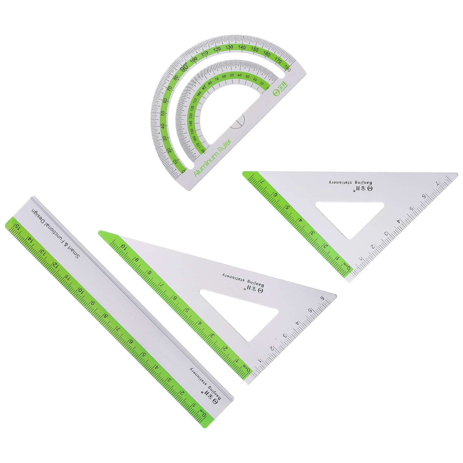 Kozelo 4pcs Geometry Set - [15cm Ruler] Aluminum Alloy Precise Measurement Laser Engraving Math Set Green for Office Classroom Use, 180 Degree Protractor 7cm Triangle 10cm Triangle