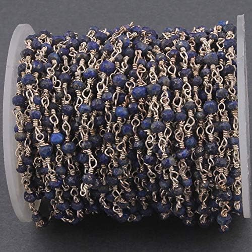 Earth Gems Park Super Fine Quality Gems Jewelry 10 feet Lapis 3mm 925 Silver Plated Rosary Beaded Chain - Beads Wire Wrapped Chain Code:- BF-14474