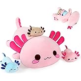 Onsoyours Axolotl Stuffed Animal Mommy 19.7" with 3 Baby Axolotl Plushies in Tummy, 4 Piece of Cute Axolotl Plush Pillow Toys for Kids Girls Boys (Pink Axolotl Family)
