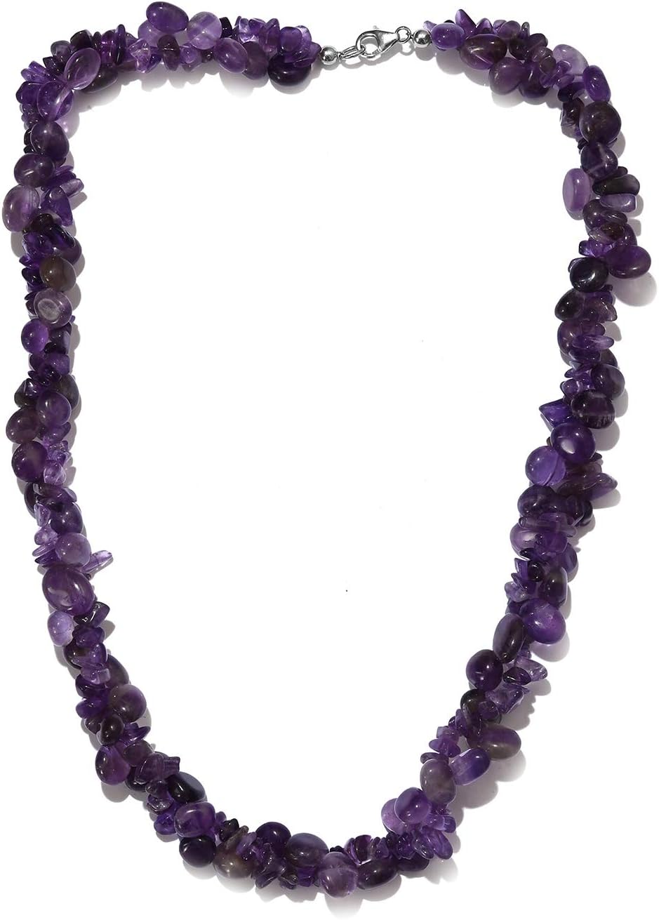 925 Sterling Silver Amethyst Chips Bead Strand Necklace Platinum Plated Costume Stylish for Women Fashion Jewelry Size 20"