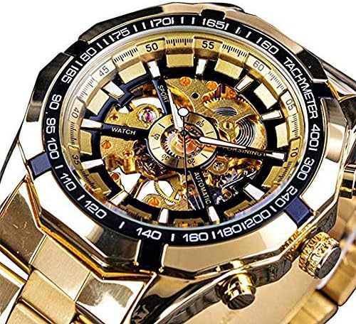 Skeleton Automatic Mechanical Watch Self-Winding (with Manual Winding) for Mens Stainless Steel Watch Waterproof Luminous