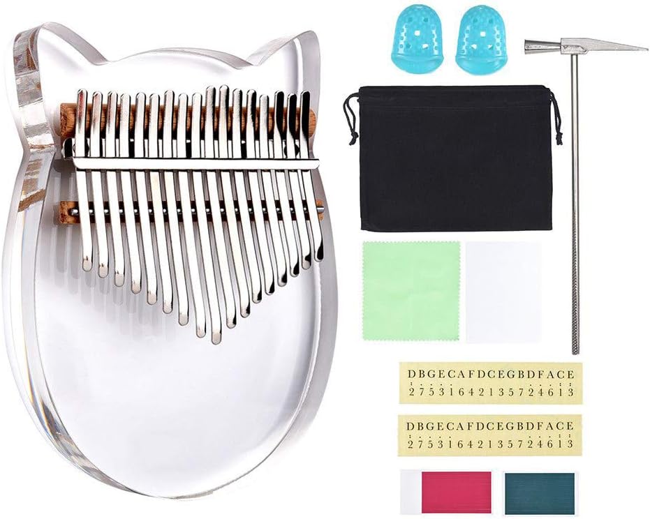 Finger Piano 17 Key Kalimba Thumb Piano Pocket Crystal Acrylic Marimbas Percussion Keyboard with Carry Bag and Tune Hammer, for Beginners and Advanced Player