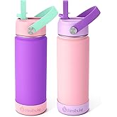 Fimibuke Kids Insulated Water Bottle - 18oz BPA-FREE 18/8 Stainless Steel Kids Cup with Straw Travel Tumbler Leak Proof Double Wall Vacuum Toddler Water Bottle for School Boys Girls(2 Pack, Macaron)