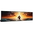 Large Christian Wall Art for Bedroom Above Bed, Jesus Walking on Water Wall Art Sunset Ocean Cross Bible Picture Decor Inspiring Christ Painting Church Poster Artwork Home Office Decorations 14x48”