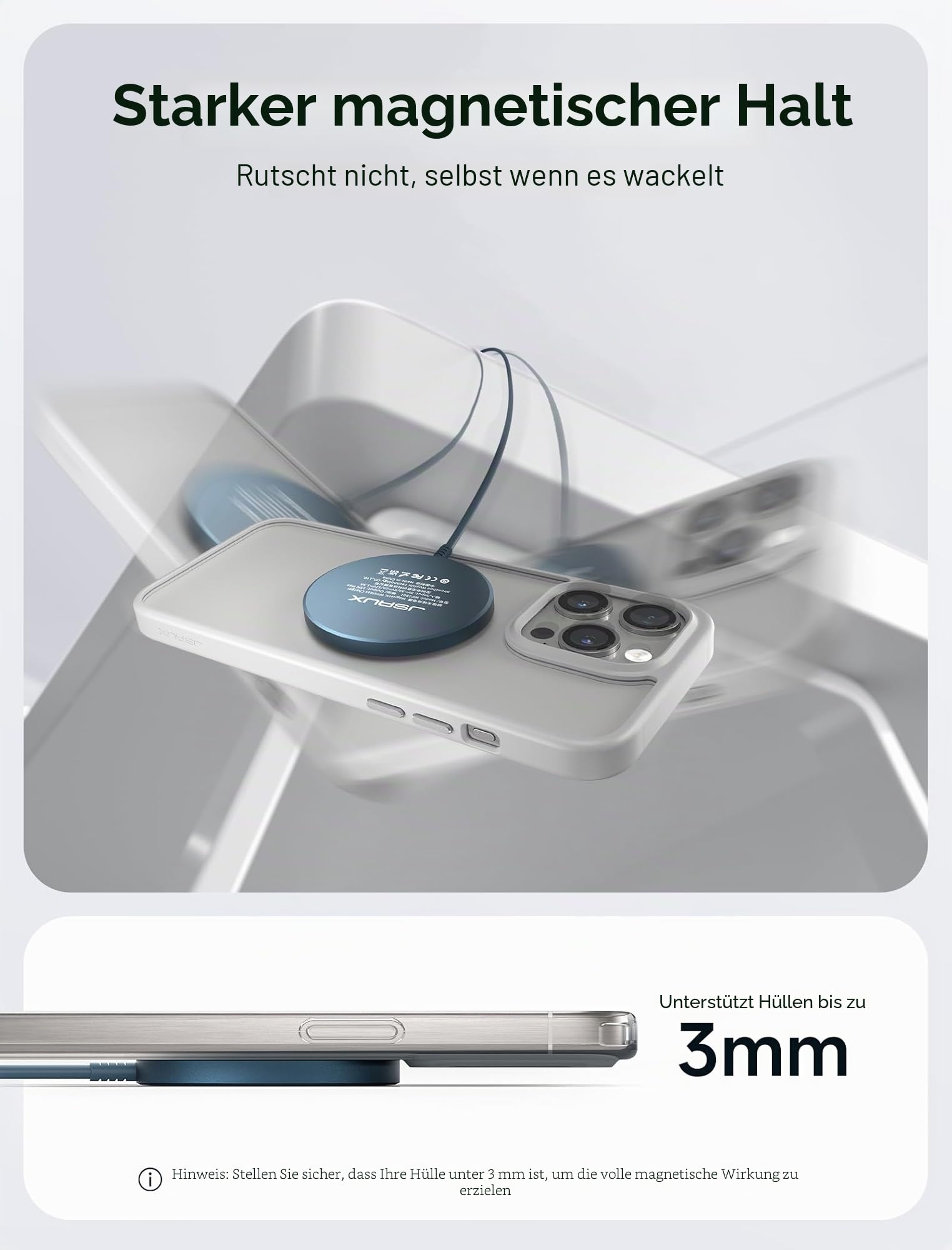 Mag-Safe Ladegerät 15W, JSAUX Wireless Charger Induktive Ladestation-Blau 4