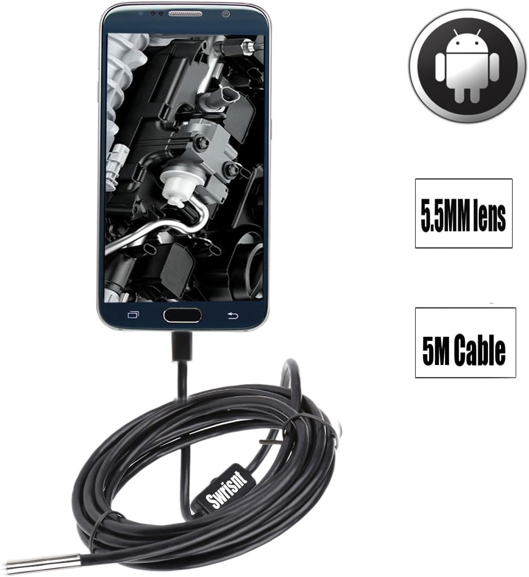Swrisnt Endoscope Android USB Borescope 5.5mm 5m Waterproof Inspection Snake Camera for Smartphone with OTG Function