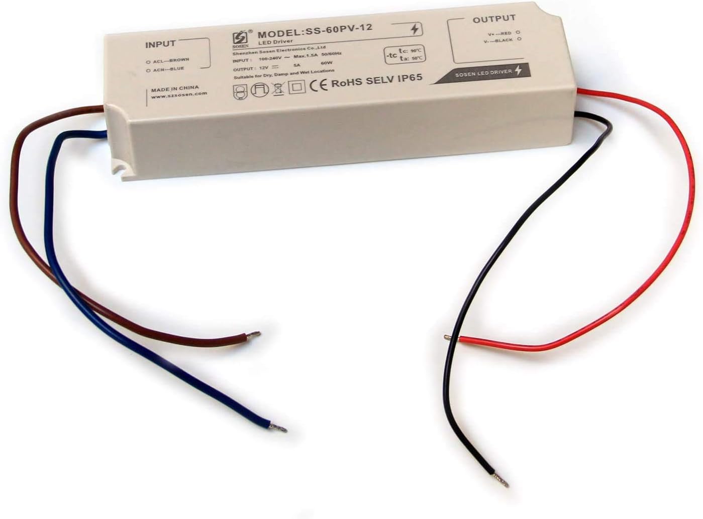 LIGHTEU®, Sosen Transformer LED Power Supply, 60W, 12V DC, 5A, IP65- Constant Voltage for LED Strip Lights and G4, MR11