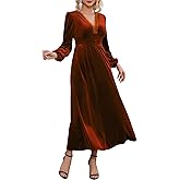 S. Adriana Women's Velvet Maxi Dress Elegant V Neck Lace Trim Smocked Waist Formal Wedding Guest Dresses with Pockets