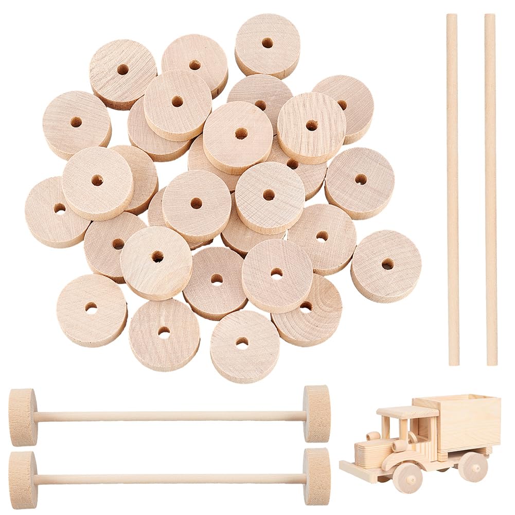 OLYCRAFT 30Pcs 28x10mm Wooden Craft Wheels with 15Pcs 28mm Wooden Sticks Unfinshed Wood Wheel Small Wood Wheels Flat Woods Craft Wheel for DIY DIY Model Cars Crafts Supplies