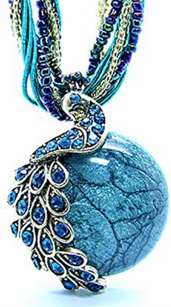 Xinbaixiang Handmade Bohemia Cats Eye Stone Peacock Pendant Necklace,18 Inches(blue)