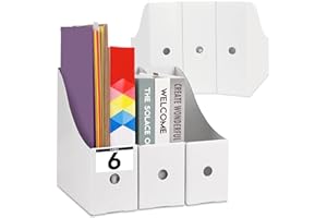 PTRBTY&HISDE 6PCS White Magazine File Holder，Sturdy Cardboard Magazine Holder, Vertical File Folder Holder, Magazine Holder for Desk, Shelves, Office or Classroom Book Organizer