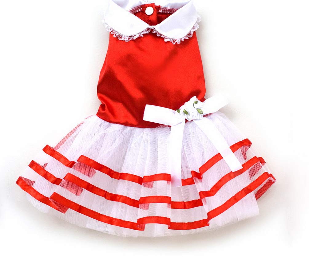 SMALLLEE_LUCKY_STORE Girls Satin Flower Pet Small Dog Princess Dress Striped Tutu Skirts Cat Puppy Clothes Wedding Party Costume,XL,Red