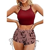Herseas Women's Floral Print Drawstring Boyshorts Swimsuits Criss Cross Top Bikini Sets High Waisted Two Pieces Bathing Suits