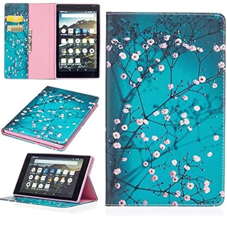 SMYTShop Folding Stand Painted Leather Case Cover with Pockets for Amazon Kindle Fire HD8 8 Inch (A-Flower)