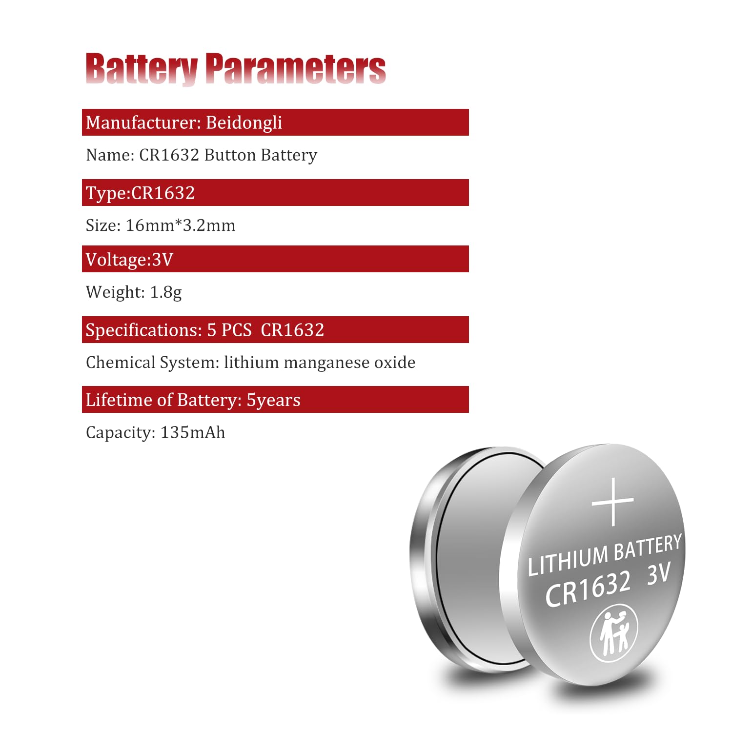 Beidongli CR1632 3 Volt Lithium Coin Cell Battery (10 Batteries)【5-Years Warranty】