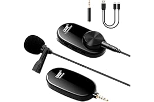 Wireless Lavalier Microphone, Portable Rechargeable Wireless Clip Transmitter Receiver Label Mic System for Smartphone Camera