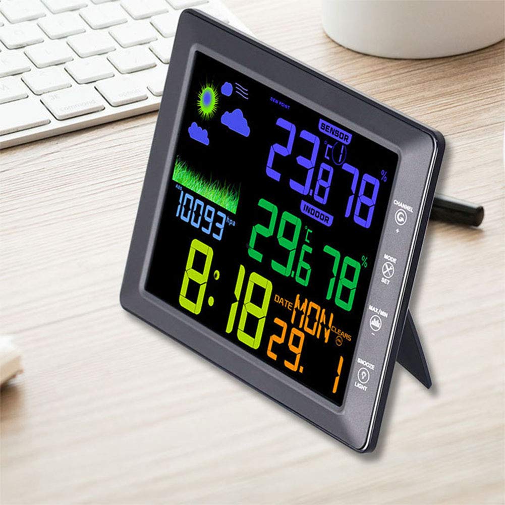 YZmoffer Wireless Color Weather Forecast Station Monitoring Indoor Outdoor Temperature and Humidity Touch Control, Digital Weather Clock Voice-Activated, Wireless Outdoor Sensor (Black)