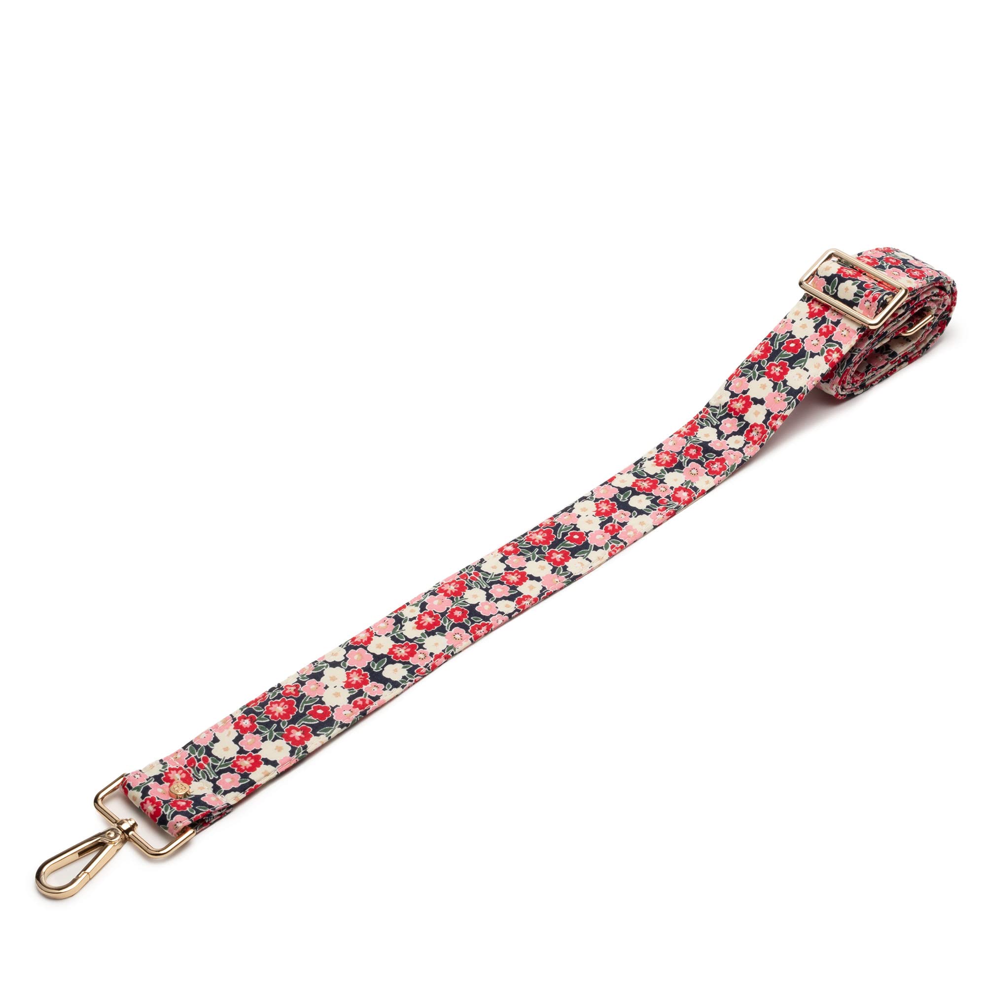Elie Beaumont Shoulder Strap, Adjustable Length 68-128cm, Wide Strap, Floral Pattern Red, White, Pink, Gold Carabiner, Fabric, Vintage, Bag Strap
