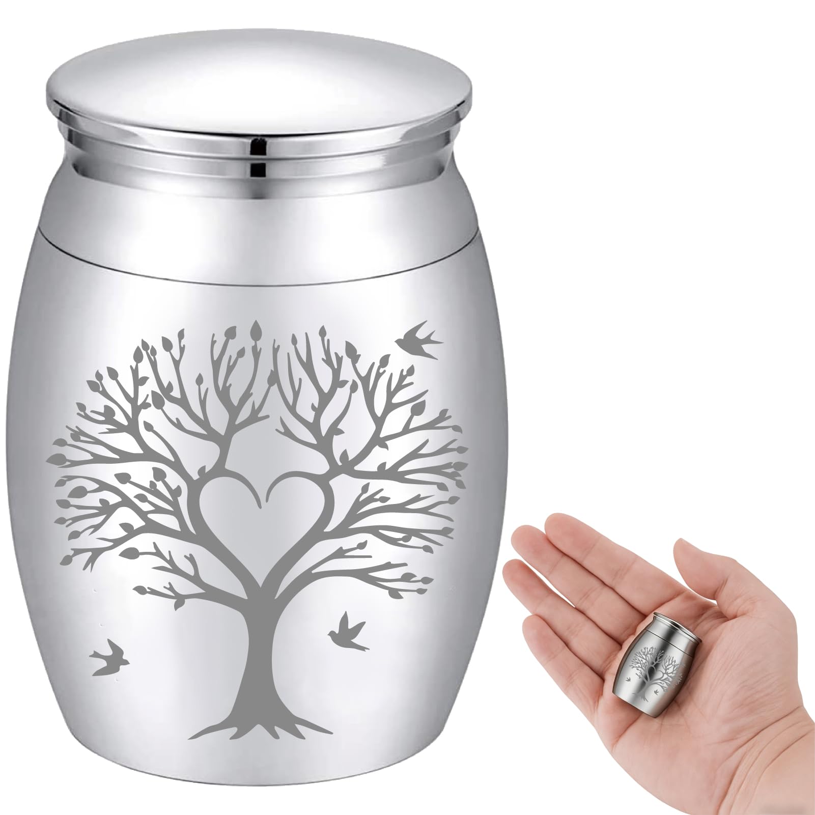CREATCABIN Tree of Life Mini Cremation Urn Small Keepsake Urns Ashes Holder Love Bird Alloy Sharing Funeral Urn Kit Memorials Miniature Container Decorative Urn for Female Male Pet 1.6x1.2Inch Silvery