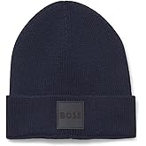 BOSS Men's Ribbed Beanie with Felt Woven Center Logo