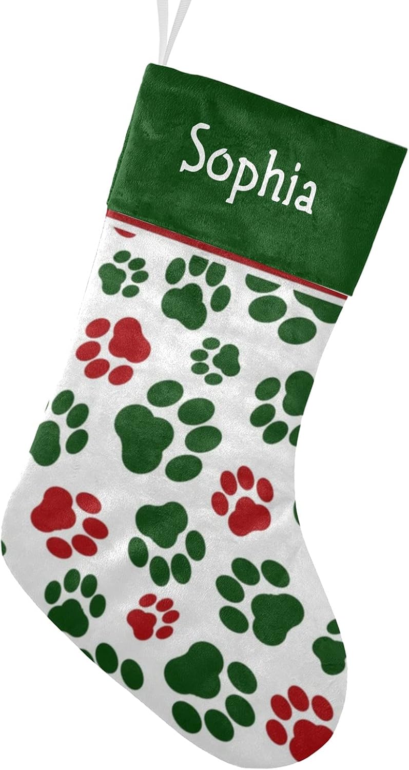 Stockings & Holders - XOZOTY Green Red Dog Paws Personalized Christmas Stockings with Name for Family Holiday Decor Xmas Gift 17.52 x 7.87 Inch