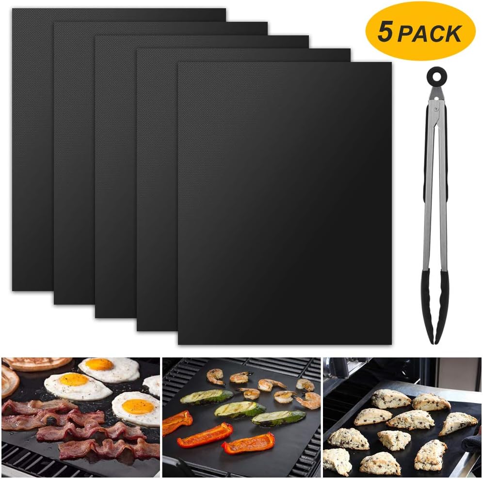 BBQ Grill Mat Oven Liners, Set of 5 Non Stick Barbecue Baking Mats for Charcoal, Gas or Electric Grill - Heat Resistant, Reusable and Easy to Clean, FDA Approved - Bonus 12" BBQ Tongs (bbq mat set)
