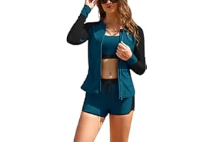 SHEKINI Women's 3 Piece Rash Guard Long Sleeve Swimsuit in Bra Zip Up Swim Shirts with Boyshorts for Beach and Watersport