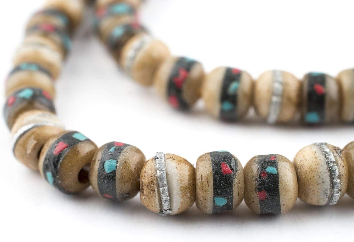 The Bead ChestTheBeadChest Rustic Inlaid Bone Mala Beads 6mm Nepal Brown Round Large Hole 23 Inch Strand