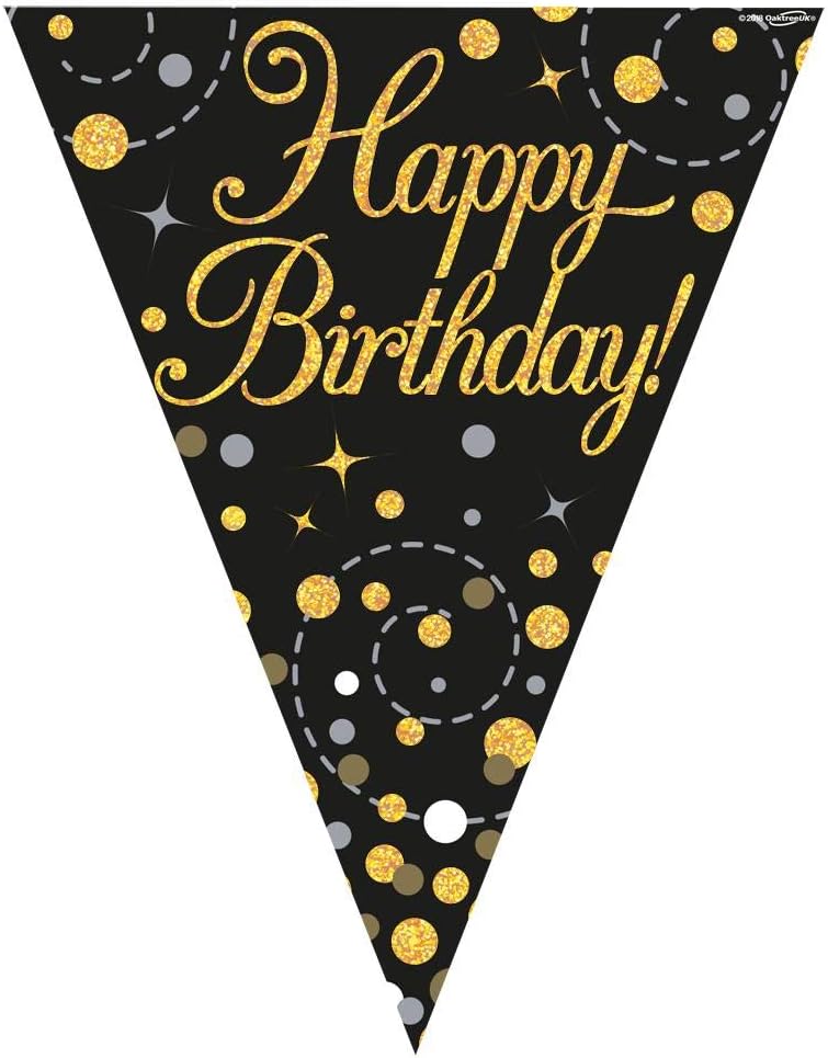 OakTree Party Bunting Sparkling Fizz Birthday Black & Gold Holographic 11 flags 3.9m, Black Gold, 3.9 meters Long