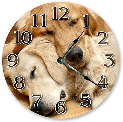 Antique Wall Clock Decor for Living Room Two Golden Retrievers Clock Nursety Round Wood Wall Clock Art for Kids Kitchen Bedroom Decorative 15 inch