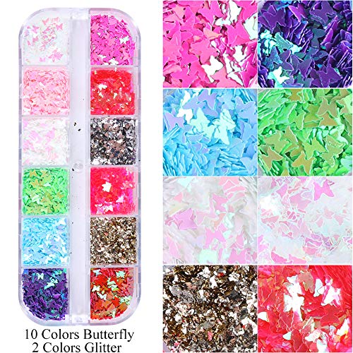 Mrsyel 12 Boxes Butterfly Nail Art Holographic Glitter Nail Sequins Iridescent Foils Flakes Glitter Colorful Confetti Sticker Manicure Nail Art Supplies DIY Decals Resin Art Decoration (5-Butterfly)