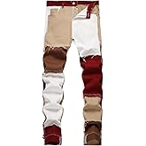 WDIRARA Men's Color Block Cowboy Pants Straight Leg Jeans Distressed Frayed Denim Pant