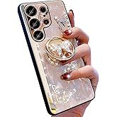 Changjia for Samsung Galaxy S25 Ultra Glitter Kickstand Case,Cute 3D Bling Marble Conch Floral Butterfly Ring Stand Mirror Elegant Shockproof Protective Case for Girls Women for Galaxy S25 Ultra, Gold