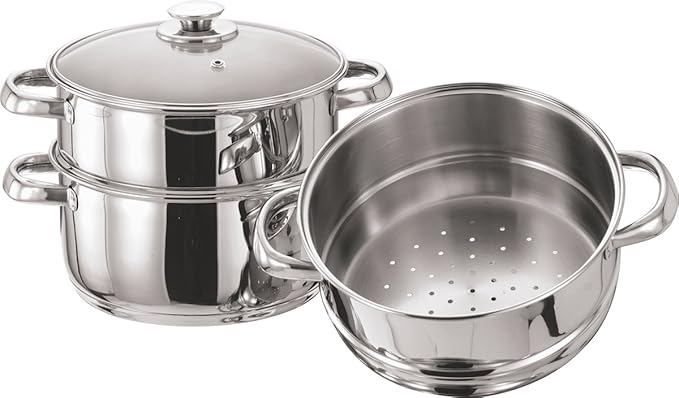 Pristine Tri Ply Induction Base Stainless Steel 3 Tier Multi Purpose Steamer With Glass Lid, 18 Cm, 1Piece (3 Separate Tiers), Silver