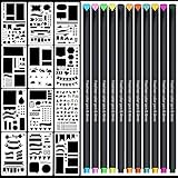 Painting Template Bullet Journal Stencil Supplies with 12 Colored Fineliner pens Notebook/Diary/Scrapbook DIY Painting Drawing Template Stencil 4x7 Inch
