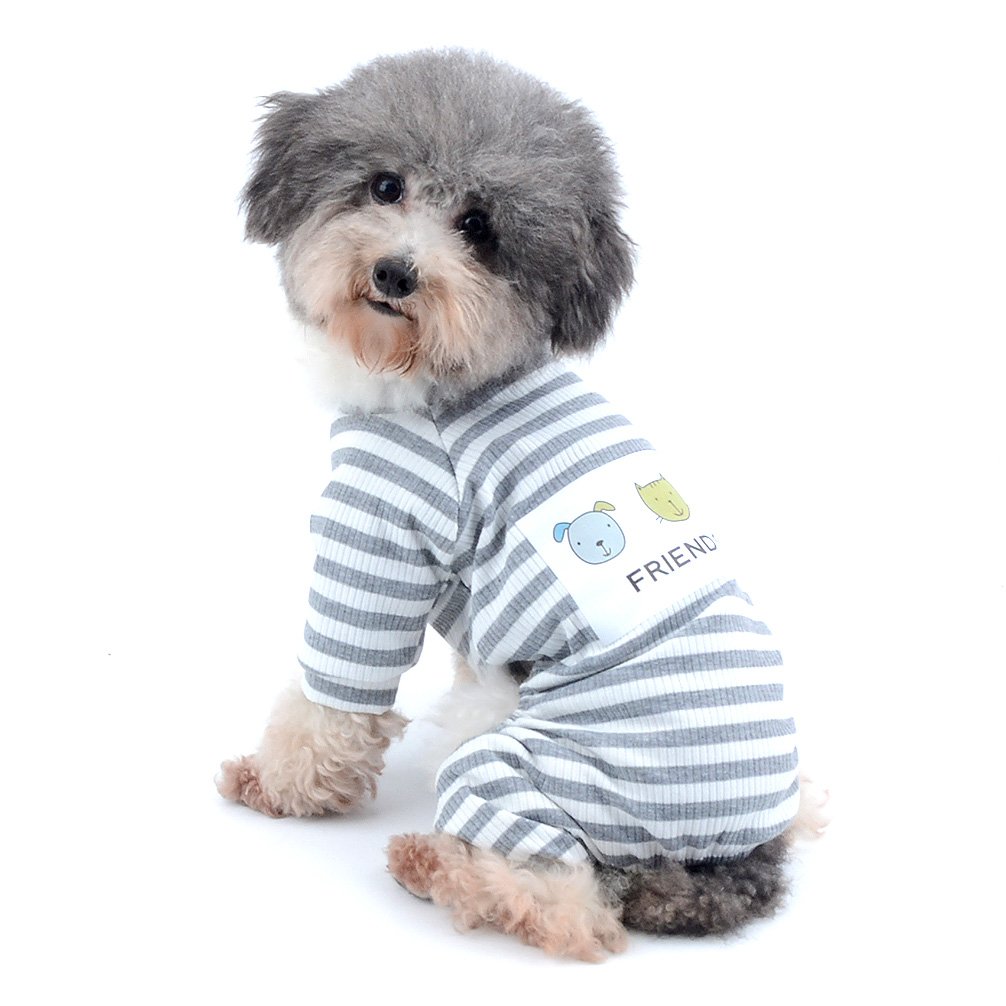 Ranphy Small Dog Stripe Pajamas Winter Comfy Cotton Pet Clothes Puppy Outfit Cat Apparel Doggy Pyjamas PJS Shirt Yorkie Jumpsuit Boys for Summer Autumn Gray Size L