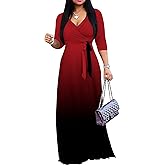 PinkPatty Women's Gradient Maxi Dress 3/4 Sleeves V Neck Cocktail Party Dress Belted Wrap Dresses（Gradients1 3XL）