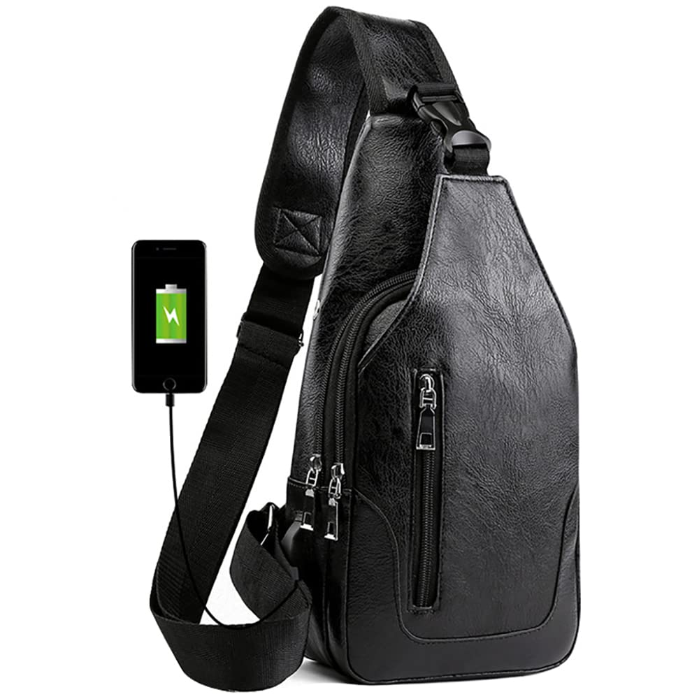 Photo 1 of ***(MINOR DAMAGE/ MINOR SCRATCHES)***Peicees Leather Sling Bag Mens Crossbody Chest Bag Sling Backpack for Men with USB Charge Port