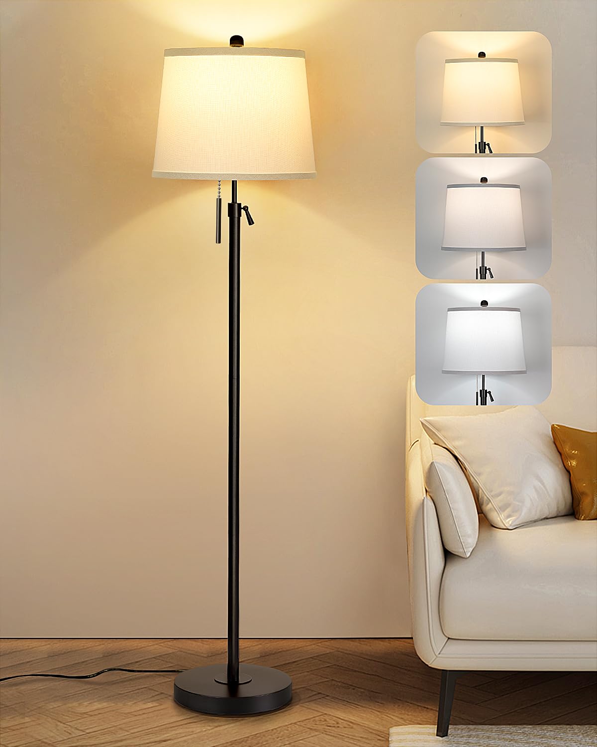 Photo 1 of JUNNAI Black Floor Lamps for Living Room Adjustable Height Standing Lamp Modern Tall Pole Lamps for Bedroom Office with White Linen Shade 3 Color Temperature 9W LED Bulb Included