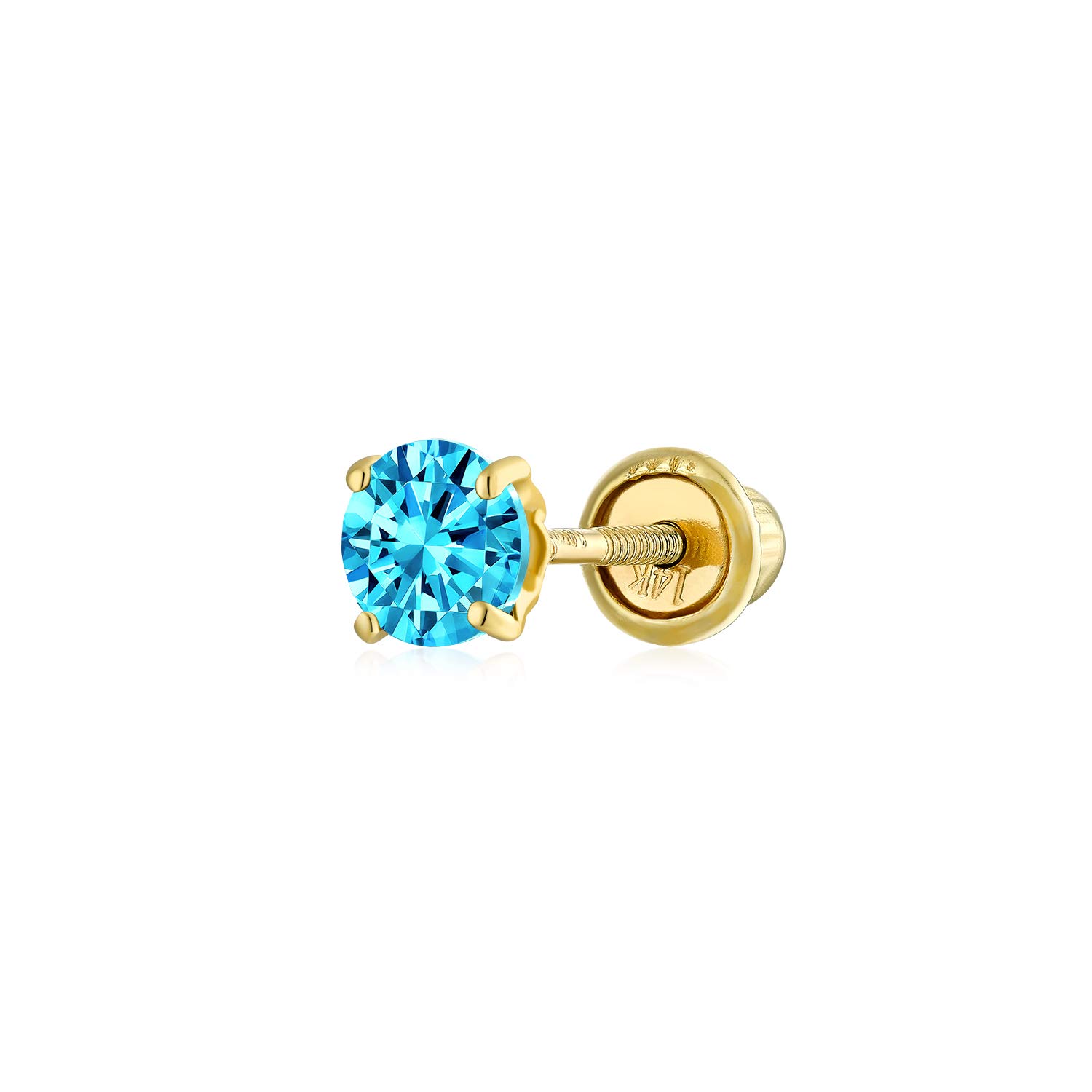 Minimalist Tiny Cubic Zirconia Blue Aqua Simulated Aquamarine CZ Round Helix Cartilage Ear Lobe Piercing Daith Round Solitaire 1 Piece Stud Earring Real Yellow Gold Screw back 3MM