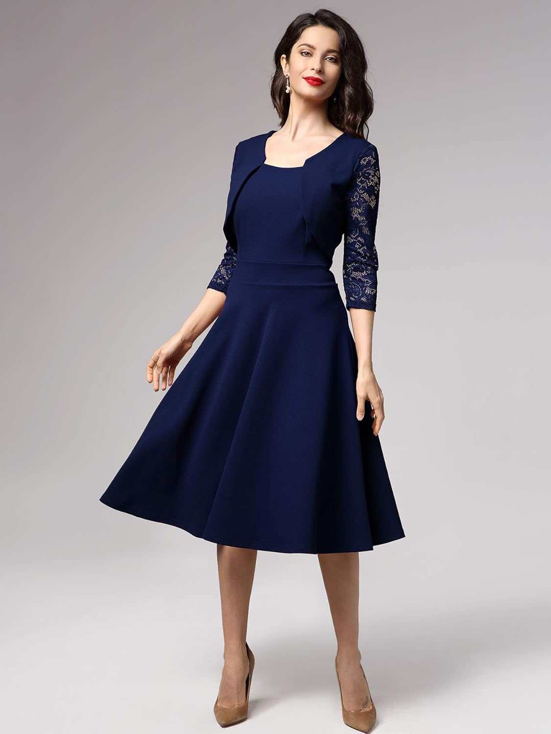 Miusol Women's Vintage Square Neck Floral Lace 2/3 Sleeve Cocktail Swing Dress: Clothing