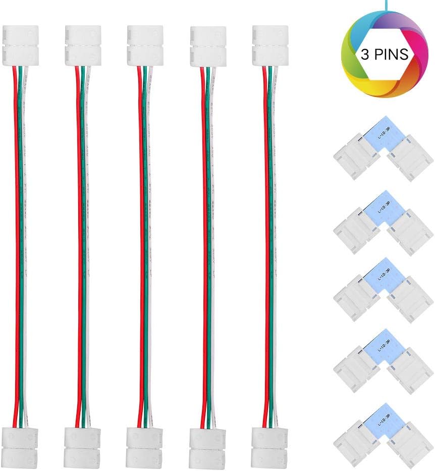 LED Strip Connector Kit, 5-Pack 3Pin L Shape 10mm Wide Right Angle Corner Solderless Connectors, 5-Pack 3 Conductor WS2811 LED Strip Jumper Lights - Strip to Strip