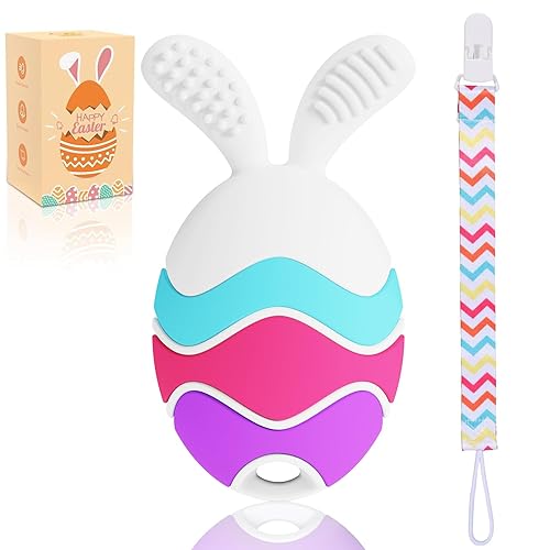 Easter Egg Bunny Rattle Teething Toy – Baby Teether for Infants, Toddlers & Newborns – Sensory Chew Toy for Teething Relief – Perfect Baby’s First Easter Gift & Basket Stuffer Essentials (Pastels)