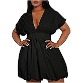 WDIRARA Women's Plus Size Deep V Neck Bubble Dress Short Sleeve A Line Mini Dresses