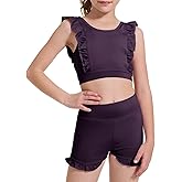 CharmWM Girls 2 Piece Outfits Athletic Ruffle Short Sets Training Bra Crop Tank with High Waisted Dance Shorts 3-10Years