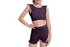 CharmWM Girls 2 Piece Outfits Athletic Ruffle Short Sets Training Bra Crop Tank with High Waisted Dance Shorts 3-10Years